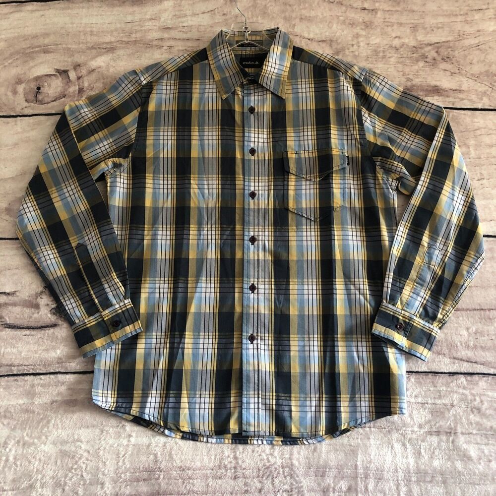 Matix Button Up Shirt Mens M Slim Fit Blue Yellow Plaid Long Sleeve Skater New